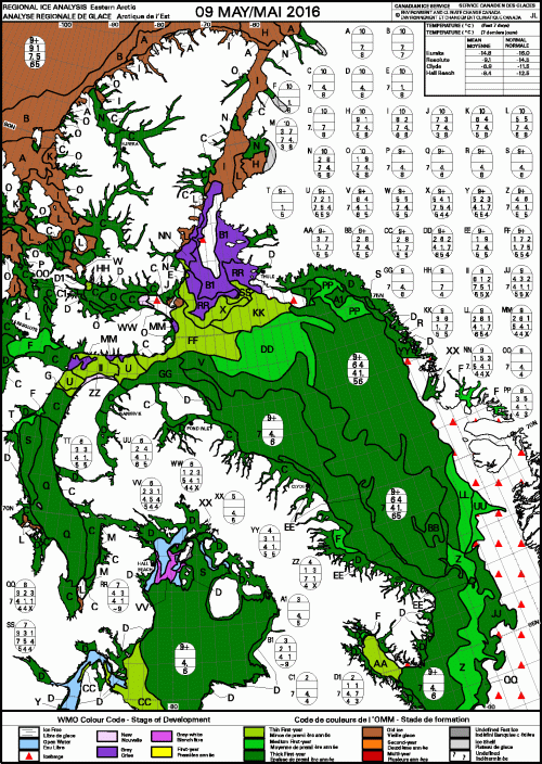 Eastern Arctic ice stage of development weekly at 9 May 2016