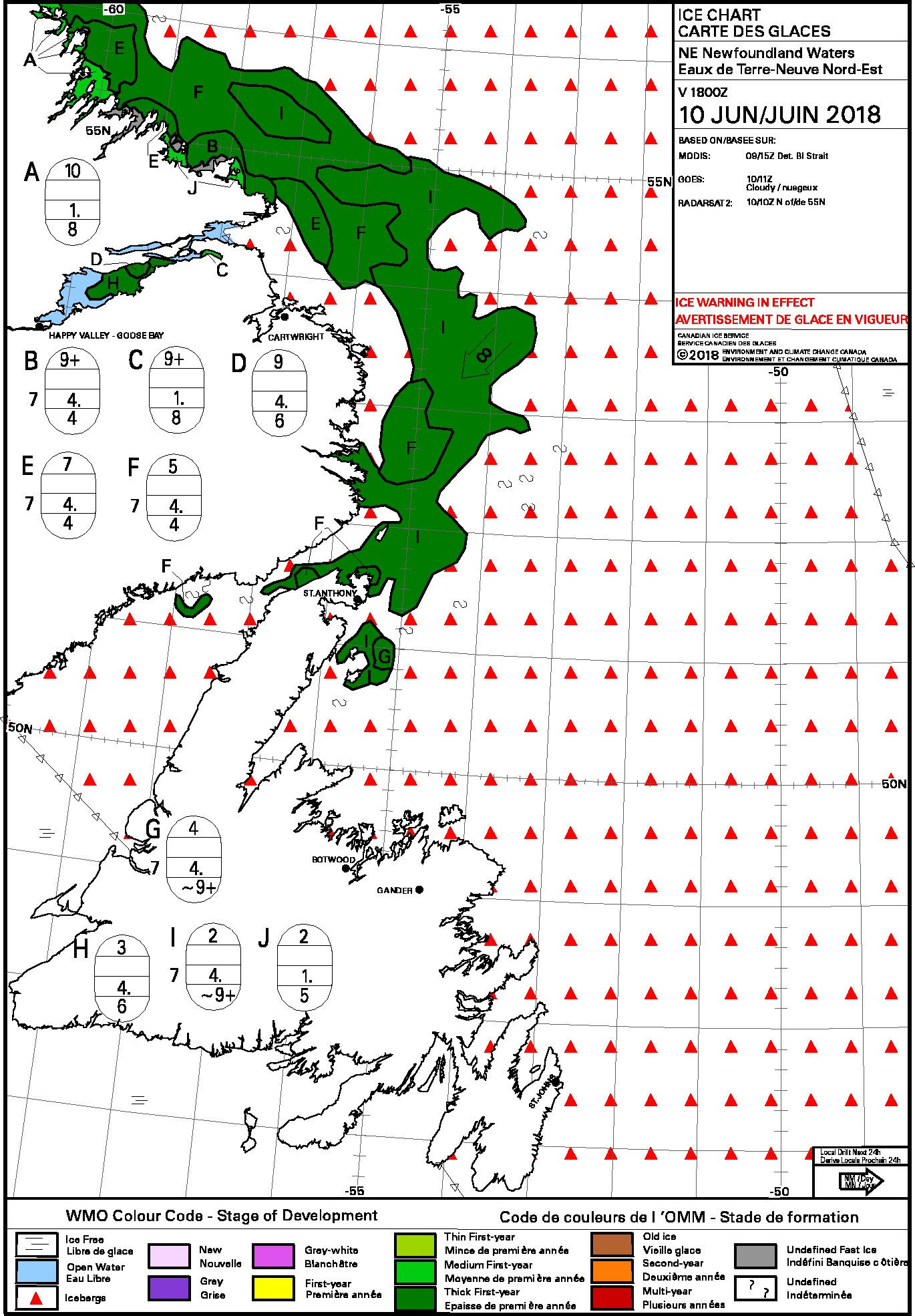 Hudson Bay North daily stage of development 2018 June 10 ice warning