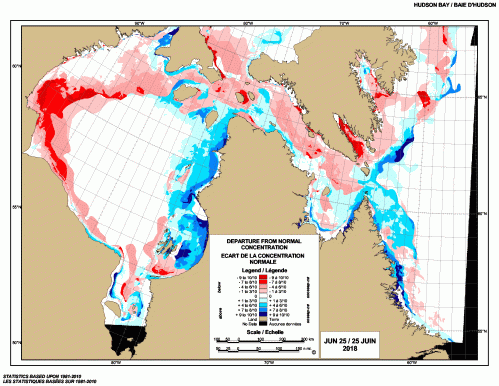 Hudson Bay weekly departure from normal 2018 June 25