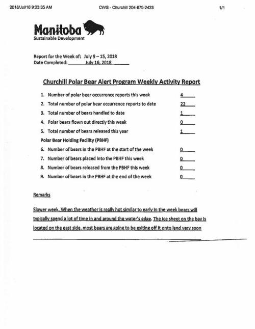 Churchill PB reports_week 1_ July 9-15_July 2018