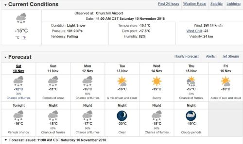 Churchill weather 2018 Nov 10 at 10 am PT