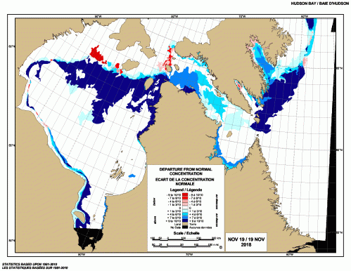 Hudson Bay weekly departure from normal 2018 Nov 19