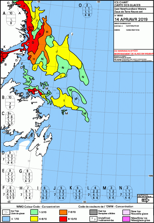Newfoundland NE daily concentration 2019 April 14 ice warming