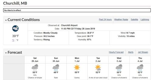 Churchill weather conditions and 7 day forecast at 28 June 2019 11 pm EC
