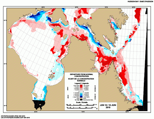 Hudson Bay weekly departure from normal 2019 June 10