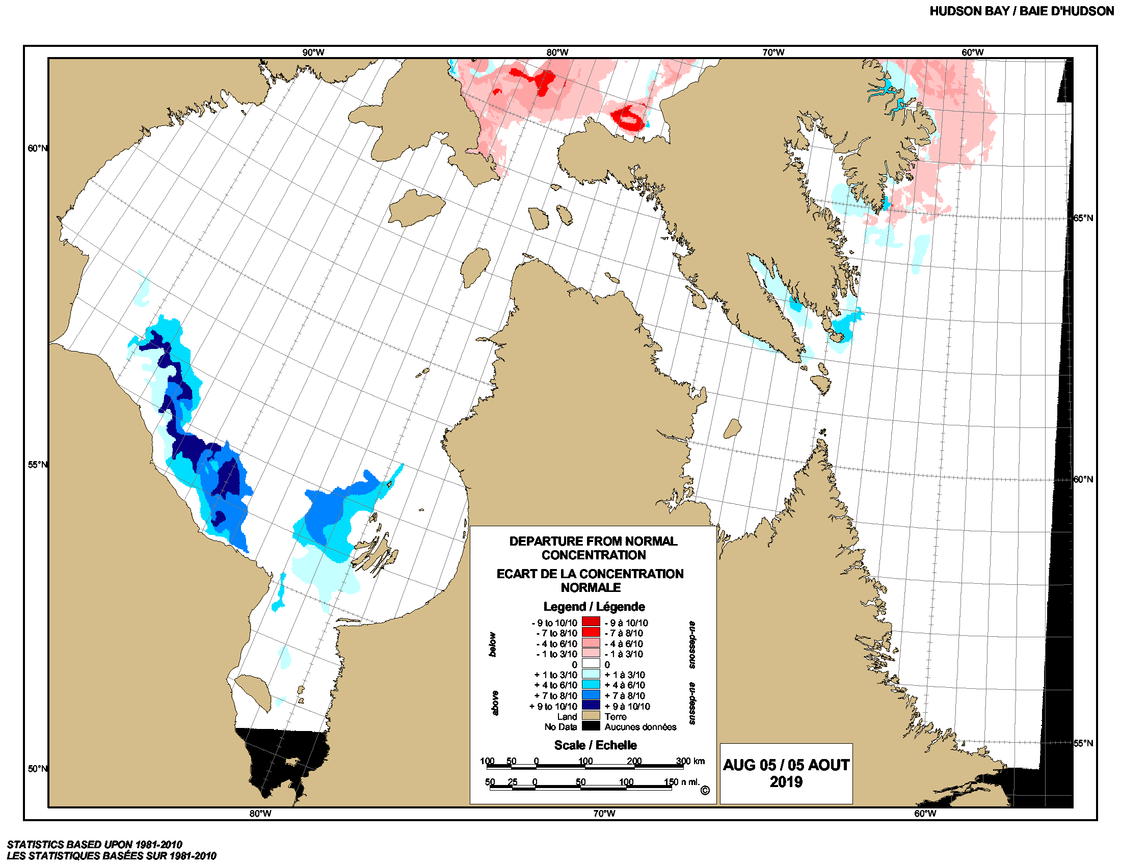 Hudson Bay weekly departure from normal 2019 Aug 5