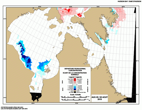 Hudson Bay weekly departure from normal 2019 Aug 5