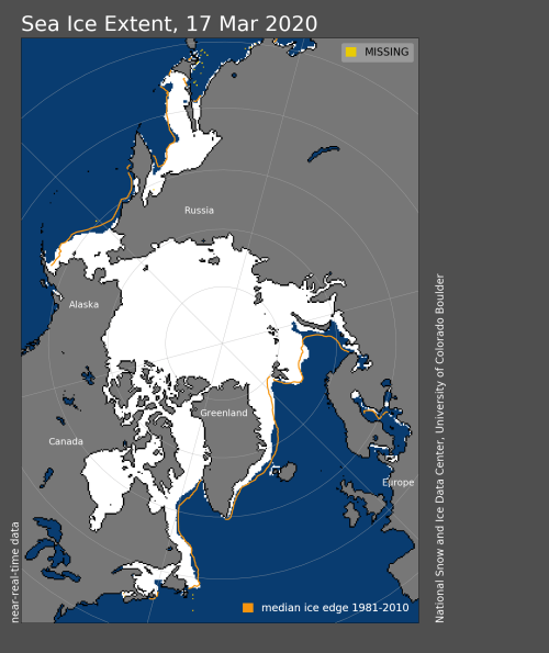 Sea ice extent 2020 March 17 NSIDC