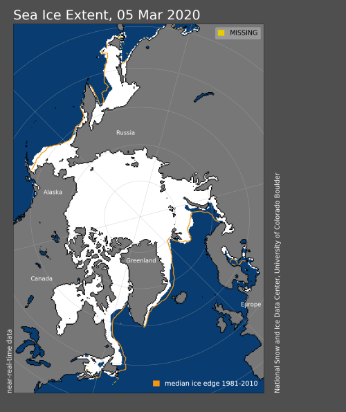 Sea ice extent 2020 March 5_sea ice maximum called_15 point 05 mkm2 NSIDC 24 March