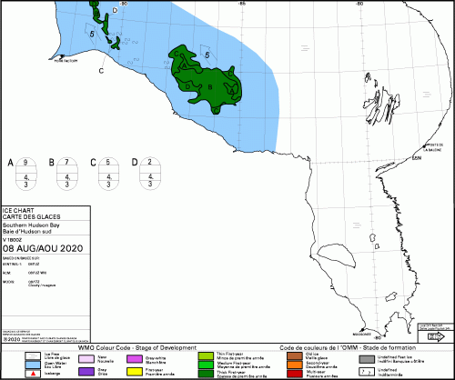 Hudson Bay South daily stage of development 2020 Aug 8
